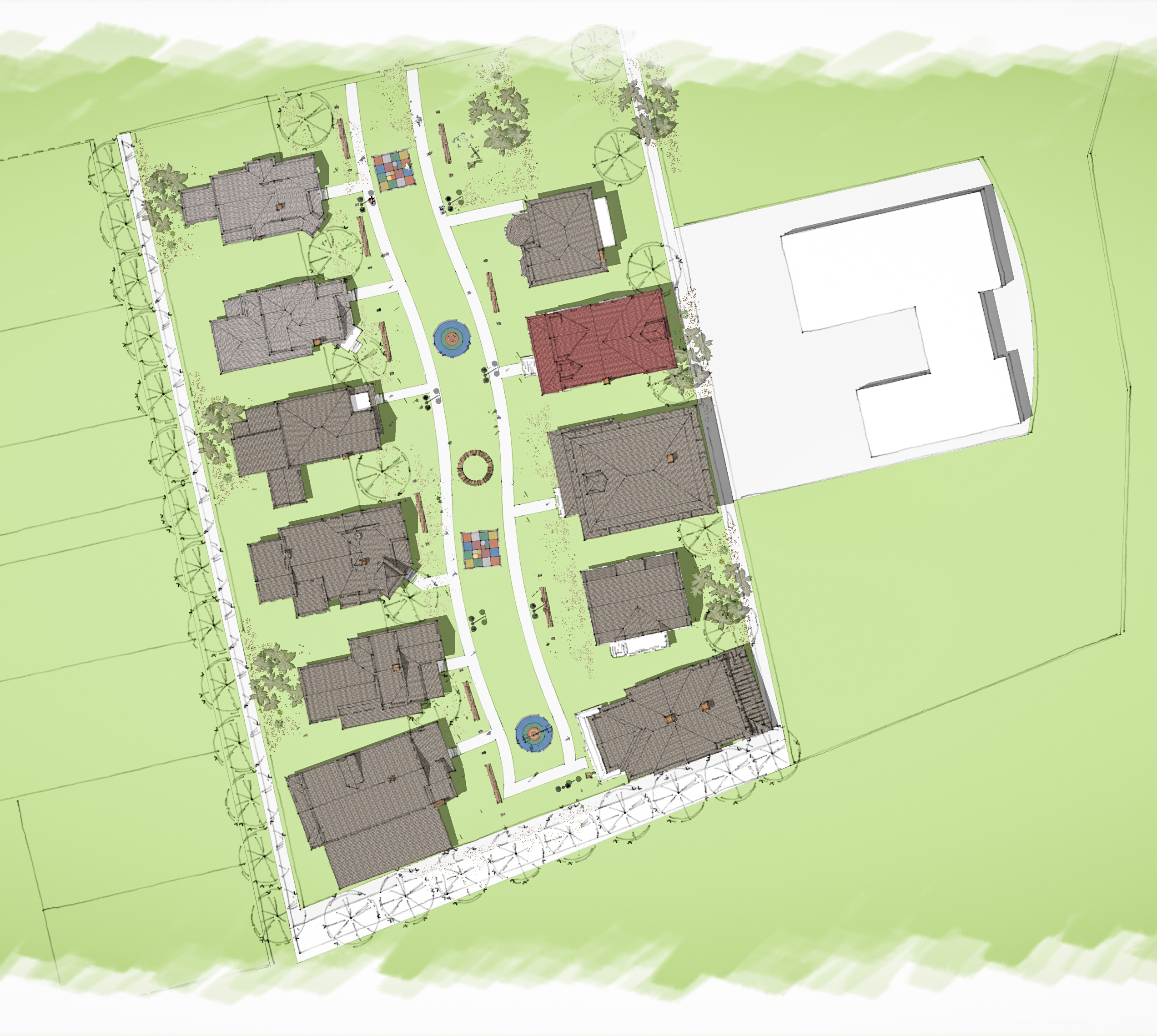 Aerial view showing one possible configuration for the homes.