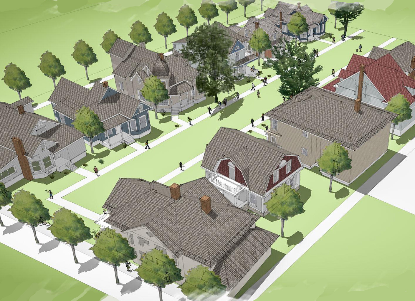 Overhead view of the historic homes with a proposed layout