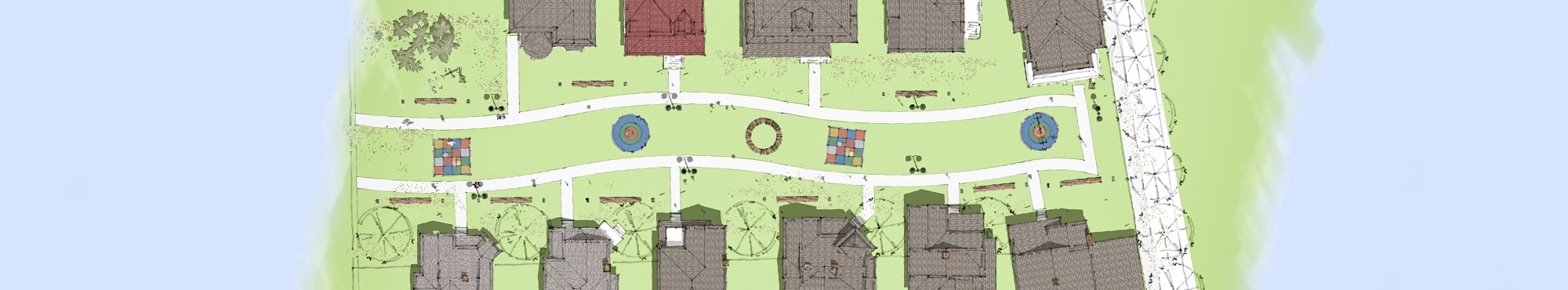 Example park aerial drawing with park amenities bewteen the historic homes including benches, art, and games.